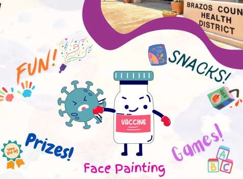 Kindergarten Vaccine event promo image of a cartoon vaccine defeating germs.